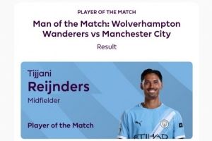 传射建功，官方：赖因德斯当选曼城vs狼队全场最佳球员