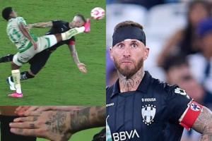 硬汉😱39岁拉莫斯头球时被对手一脚正中面门满脸血，缠绷带完赛